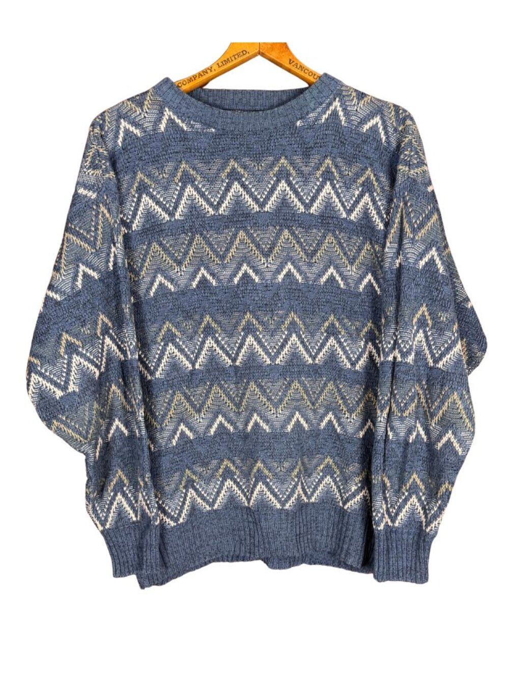 Vintage 90s Coastal Grandpa Sweater Muted Blue Fisherman Knit Pullover Retro